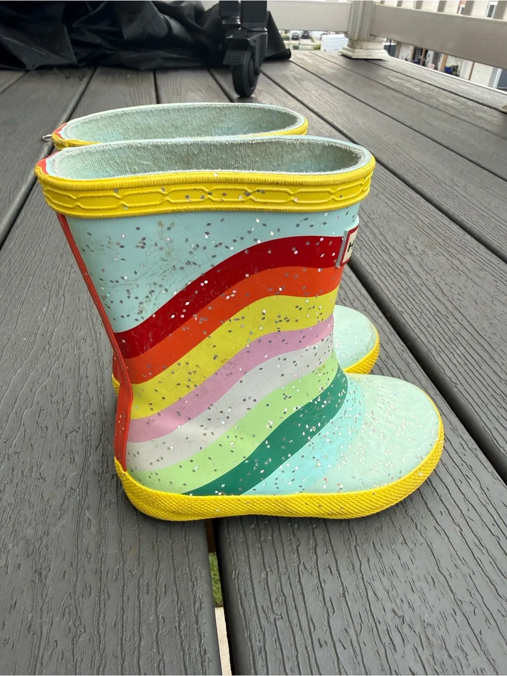 Hunter Kids Multicolor Striped Rain Boots with Yellow Trim